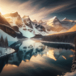 En fredfull innsjø omringet av snødekte fjell i Banff, Canada, ved soloppgang