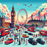 En livlig og fargerik illustrasjon av London med kjente landemerker som Big Ben, London Eye, og Tower Bridge