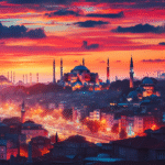 En panorama utsikt av Istanbul ved solnedgang, med silhuetter av Aya Sofya og Den blå moské, og levende farger på himmelen.