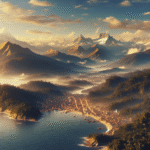 Panoramabilde av Sør-Amerika: Andesfjell i bakgrunnen, Amazonas regnskog og en kystby, varmt morgenlys, realistisk, høy detaljrikdom