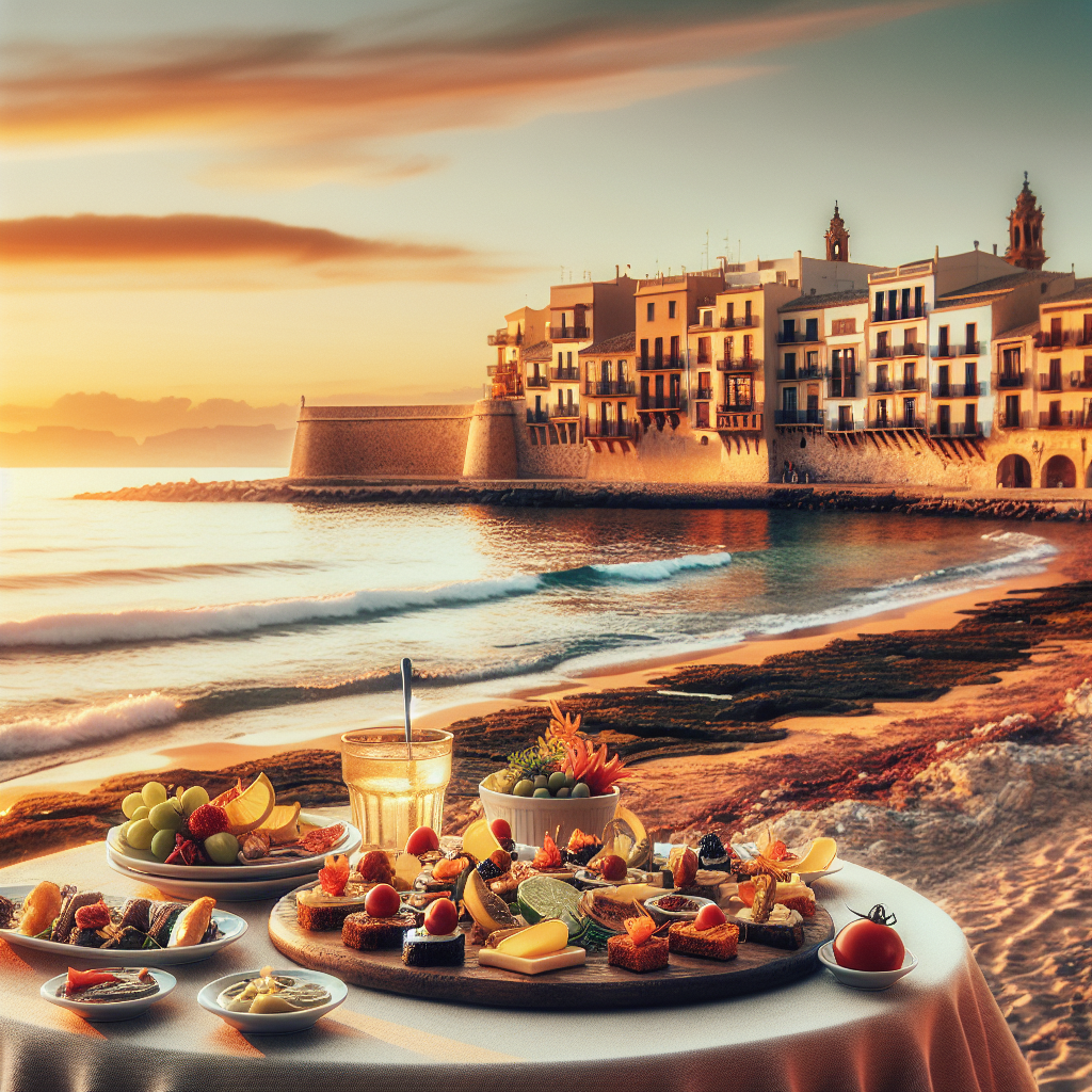 Varm middelhavskyst i Spania ved solnedgang med strandpromenade, gamle bygninger og tapas på et bord i forgrunnen, lyst og innbydende