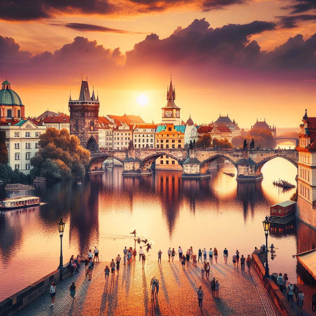 Karlsbroen i Praha ved gyllen solnedgang, elvens refleksjoner, historiske brosteinsgater og turister i myke farger